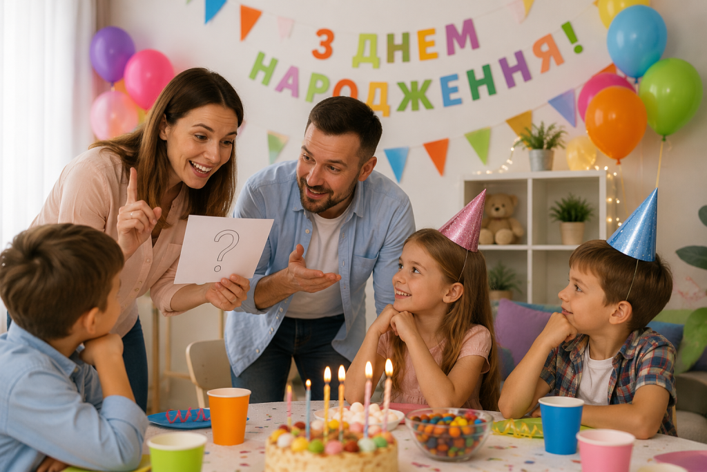 Родина проводить дитяче свято, де батьки загадують цікаві загадки дітям під час святкування дня народження.