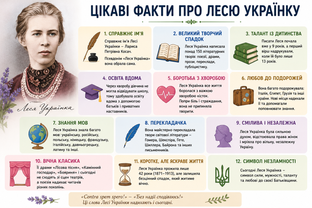 Інфографіка про життя, творчість і цікаві факти з біографії Лесі Українки з тематичними ілюстраціями та короткими поясненнями.