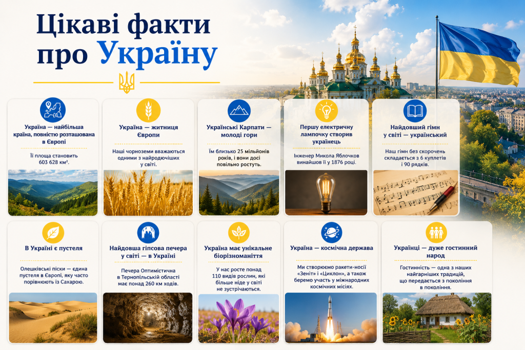 Інфографіка з цікавими фактами про Україну, природні особливості, історію, культуру, визначні місця та національні символи.