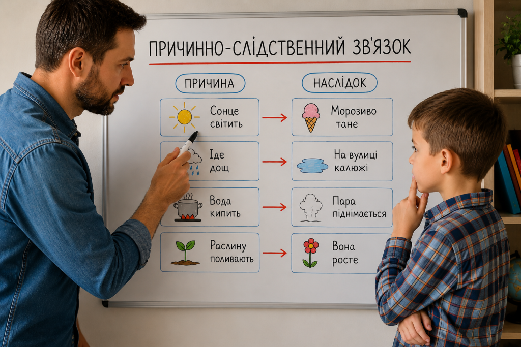Чоловік навчає дитину розуміти причинно-наслідкові зв'язки за допомогою наочної схеми з простими життєвими прикладами.