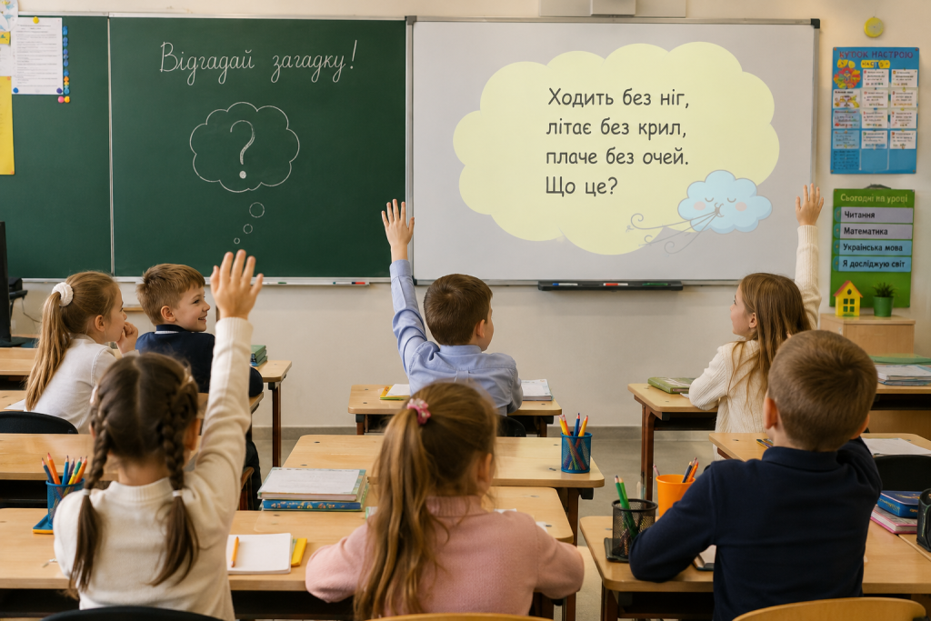 Учні молодших класів активно відповідають на загадку під час уроку, піднімаючи руки та беручи участь в інтерактивному занятті.