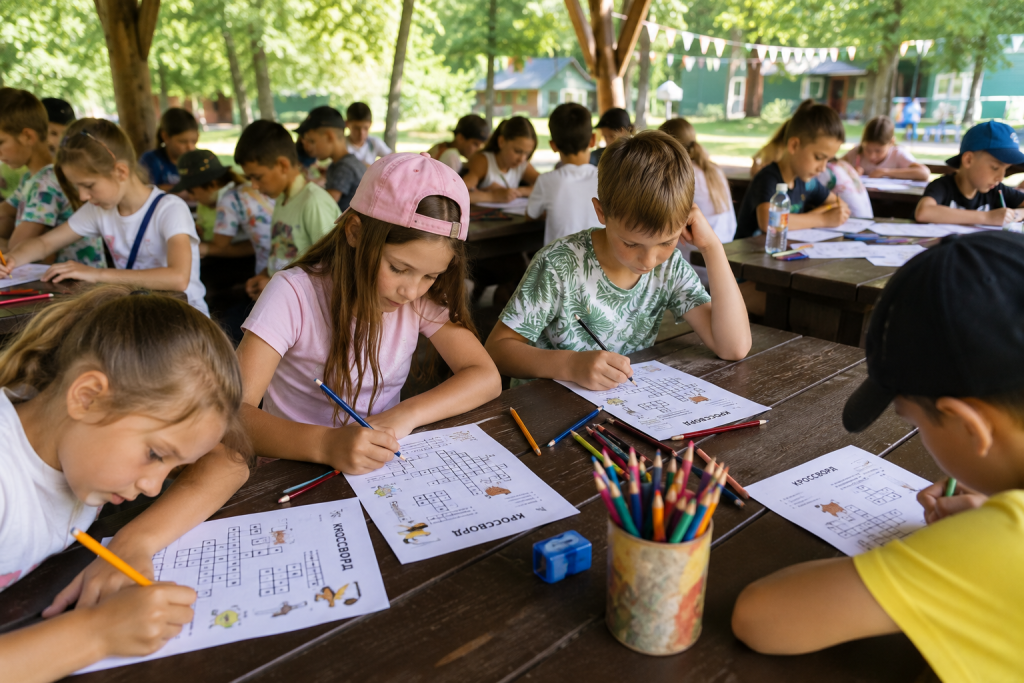 Прості кросворди для дітей з відповідями Діти виконують завдання з кросвордами за столами у літньому таборі, розвиваючи логіку, уважність і мислення.
