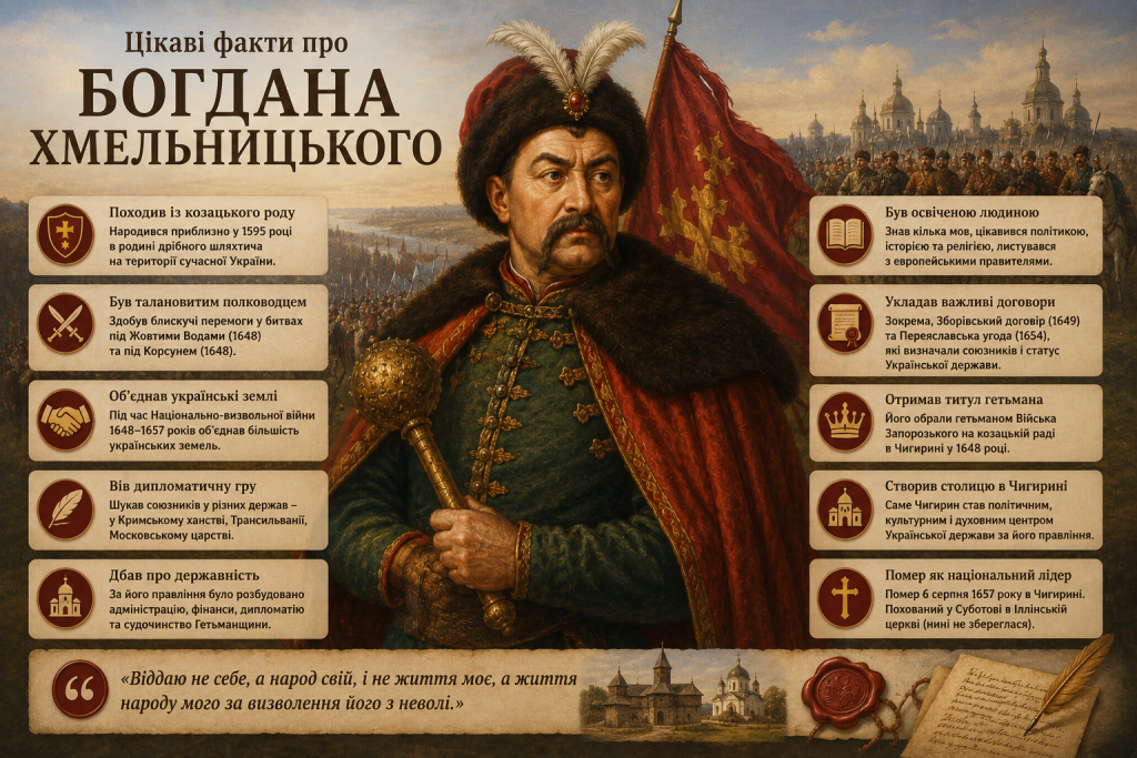 Історична інфографіка з цікавими фактами про Богдана Хмельницького, його військову, політичну та державницьку діяльність.