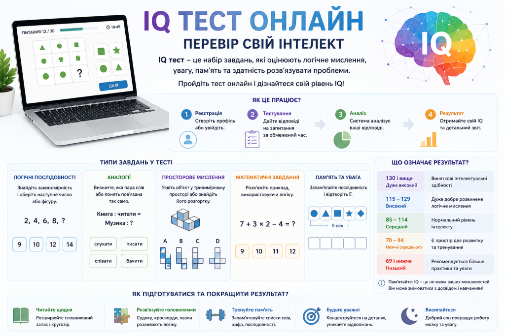 Інфографіка про онлайн IQ тест із поясненням етапів проходження, типів завдань, шкали результатів і порад для покращення логічного мислення.
