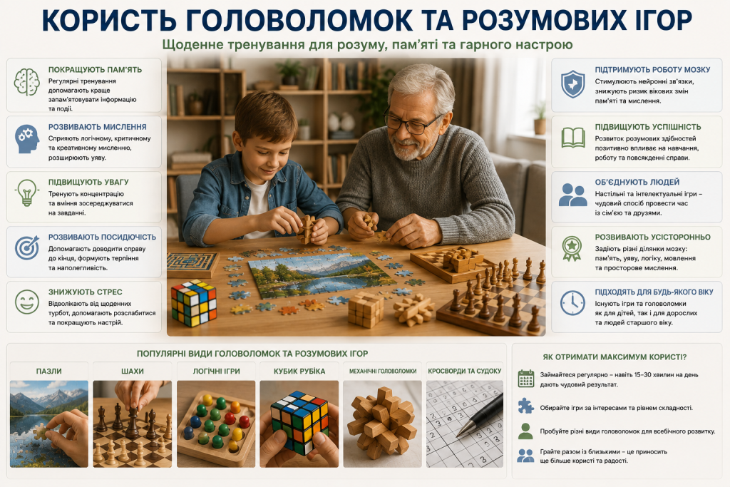 Інфографіка про користь головоломок для пам’яті, уваги, логічного мислення, зниження стресу та розвитку мозку.