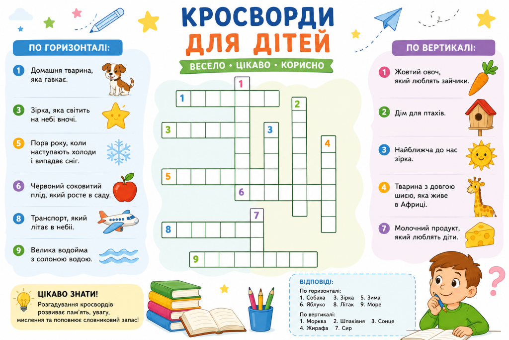 Яскрава інфографіка з простими кросвордами для дітей, тематичними підказками, відповідями та кольоровими ілюстраціями.