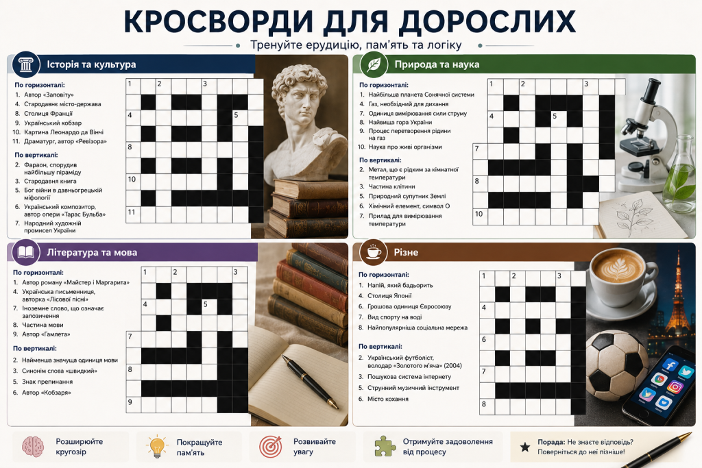 Інфографіка з тематичними кросвордами для дорослих, присвяченими історії, культурі, природі, літературі та загальній ерудиції.