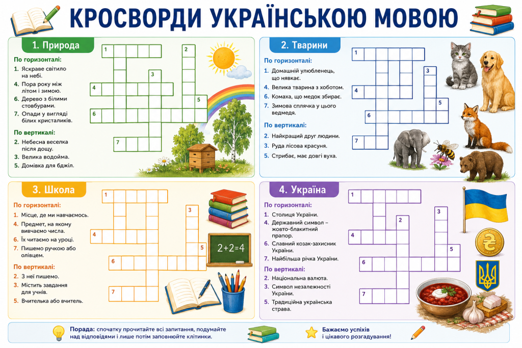Збірка тематичних кросвордів українською мовою про природу, тварин, школу та Україну для розвитку мислення.