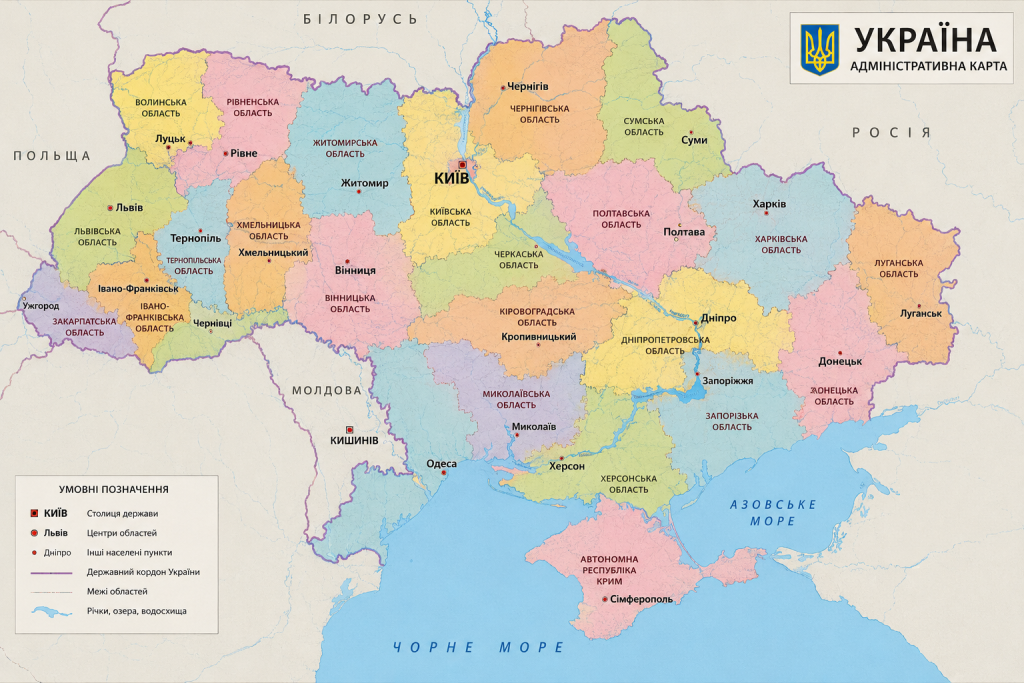 Детальна адміністративна карта України з позначенням областей, обласних центрів, державного кордону, річок і великих міст.