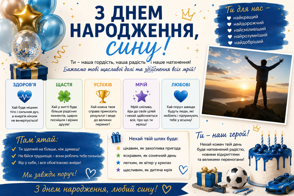 Святкова листівка з привітанням для сина з днем народження, побажаннями, подарунками, кульками та святковим тортом.