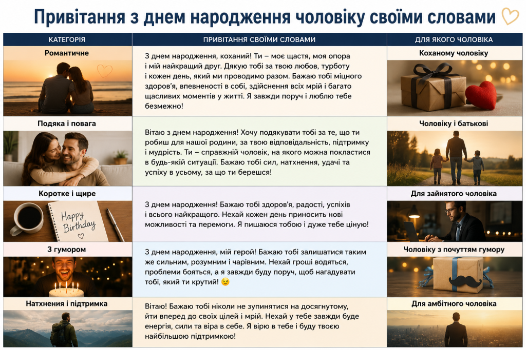 Добірка щирих привітань з днем народження чоловіку своїми словами для коханого, батька, амбітного та зайнятого чоловіка.