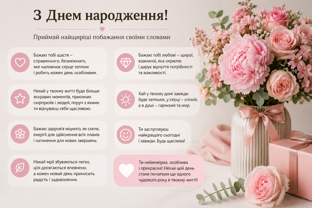 Святкова листівка українською мовою з теплими привітаннями для жінки на день народження, прикрашена букетом ніжно-рожевих квітів.