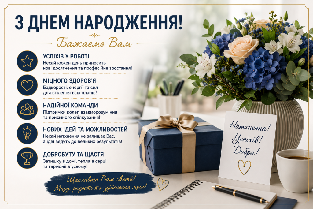 Святкова листівка з побажаннями колезі з днем народження, подарунком, квітами та теплими словами для професійного свята.