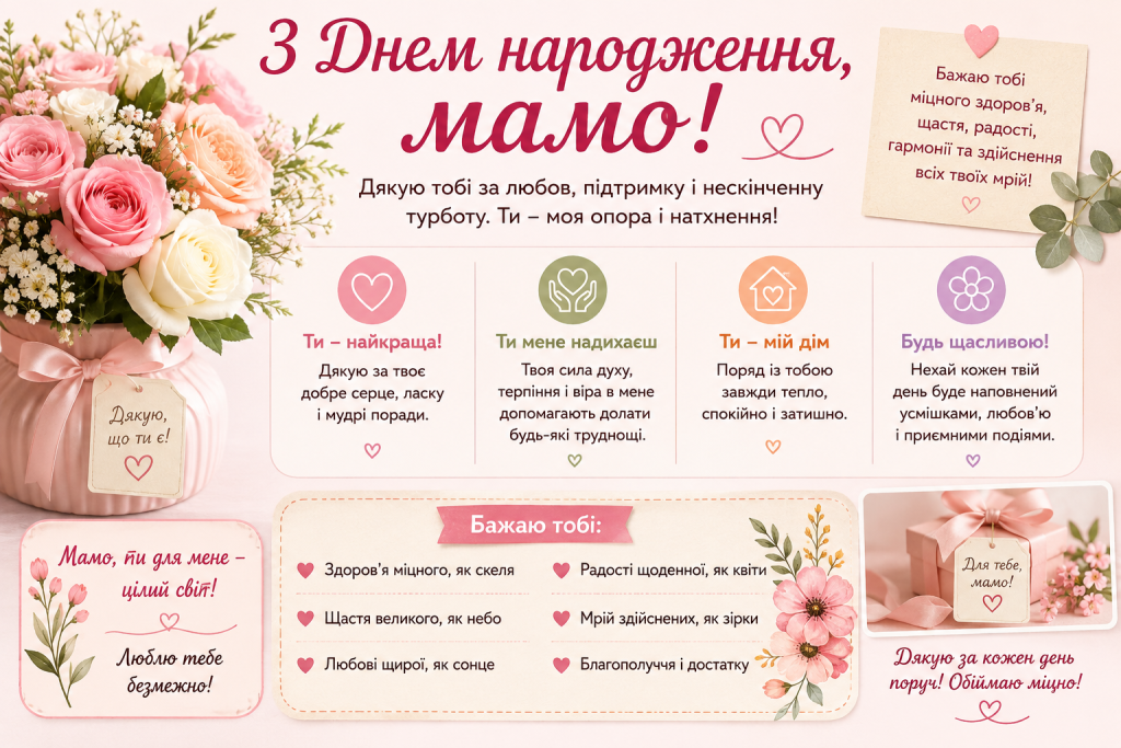 Святкова листівка з теплими привітаннями, побажаннями та квітами для мами з днем народження.