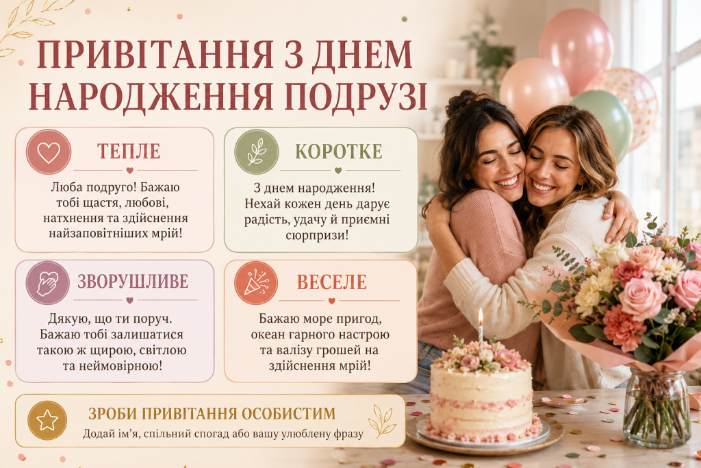 Інфографіка з теплими, короткими, зворушливими та веселими привітаннями подрузі з днем народження