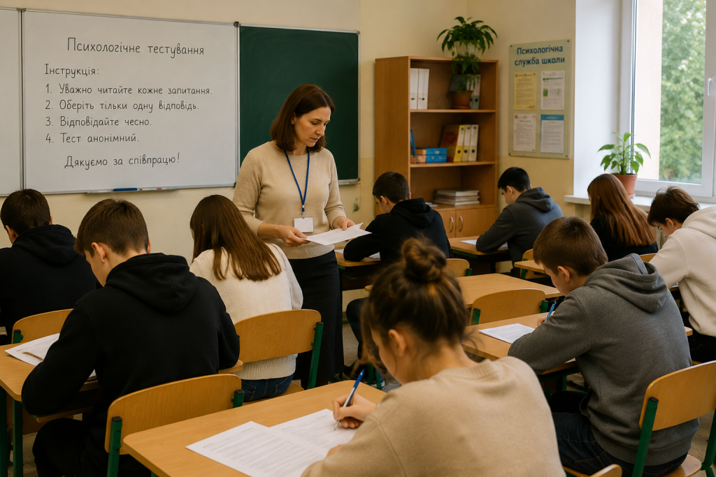 Психолог проводить психологічне тестування учнів-підлітків у класі, роздаючи бланки та контролюючи виконання завдань.
