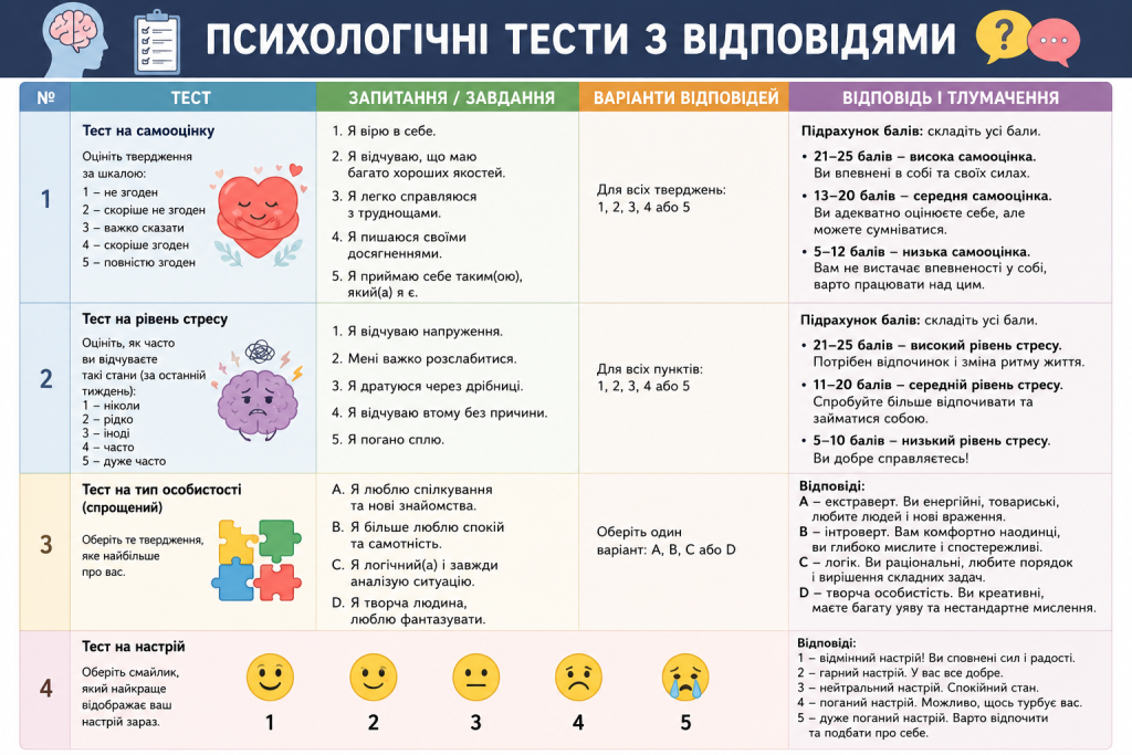 Інфографіка з психологічними тестами на самооцінку, рівень стресу, тип особистості та настрій із поясненням результатів.