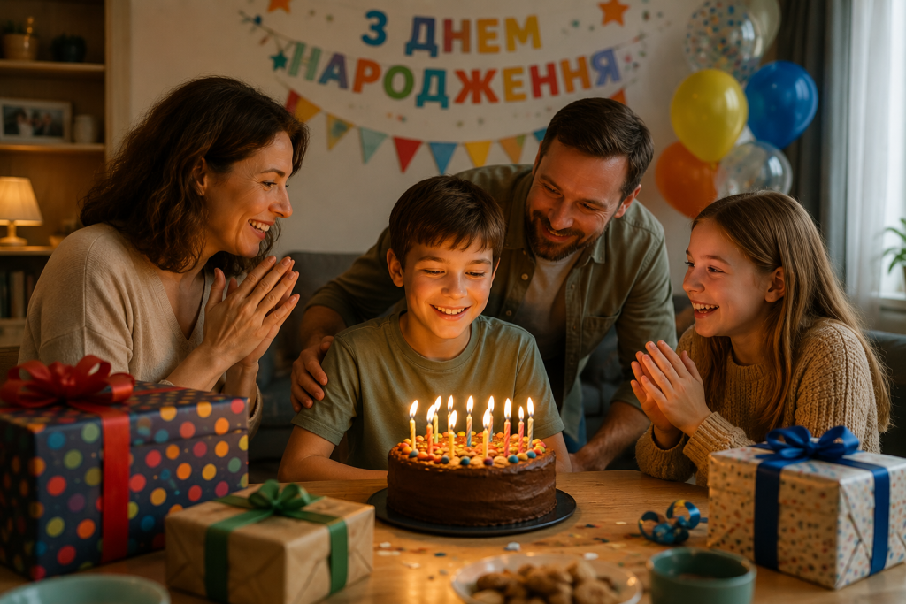 Родина святкує день народження хлопчика, вітаючи його біля святкового торта зі свічками та подарунками.