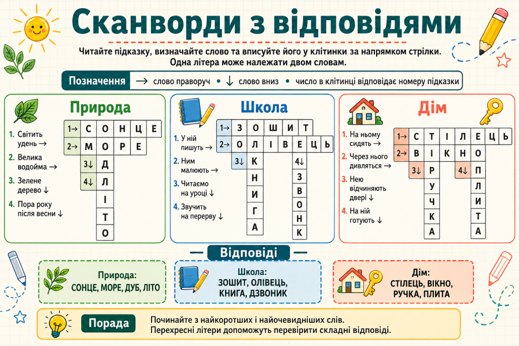 Інфографіка зі сканвордами з відповідями на теми природи, школи та дому.