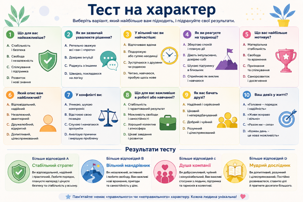 Інфографіка з тестом на характер, що містить десять запитань із варіантами відповідей та описами можливих результатів.