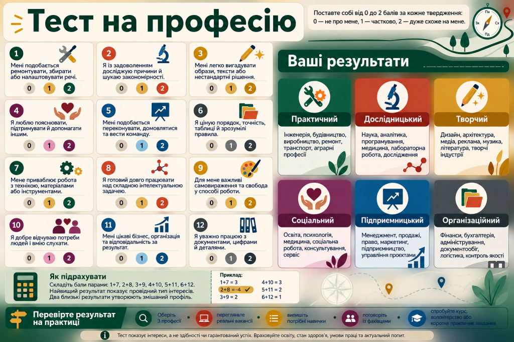 Інфографіка з тестом на професію та типами професійних інтересів: практичним, дослідницьким, творчим, соціальним і організаційним.