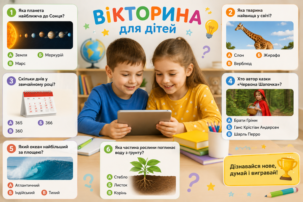 Яскрава дитяча вікторина із запитаннями про планети, тварин, календар, казки, океани та рослини