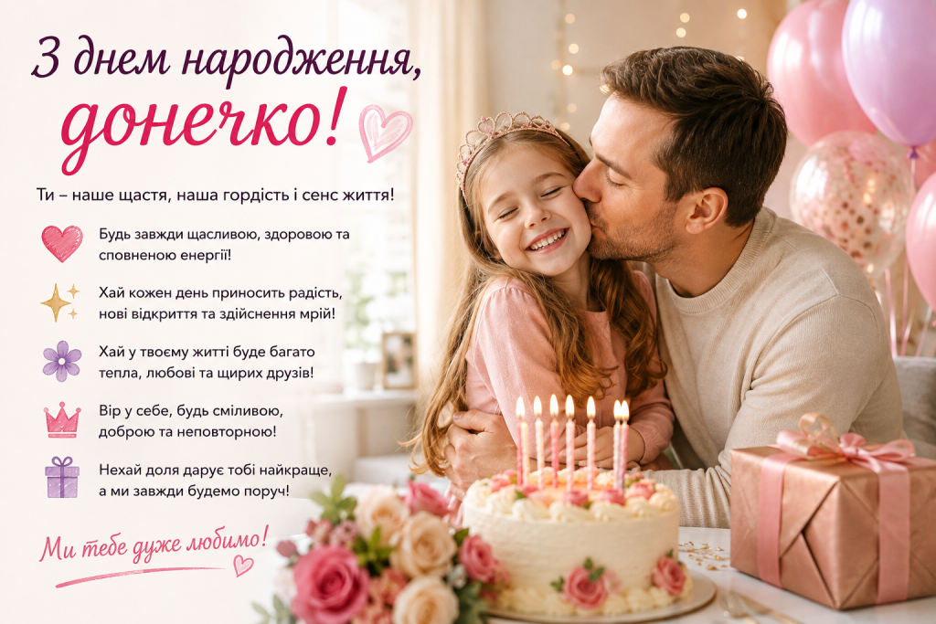 Святкова листівка з привітанням донечки з днем народження, батьком, який цілує дівчинку, тортом, подарунком і повітряними кульками.