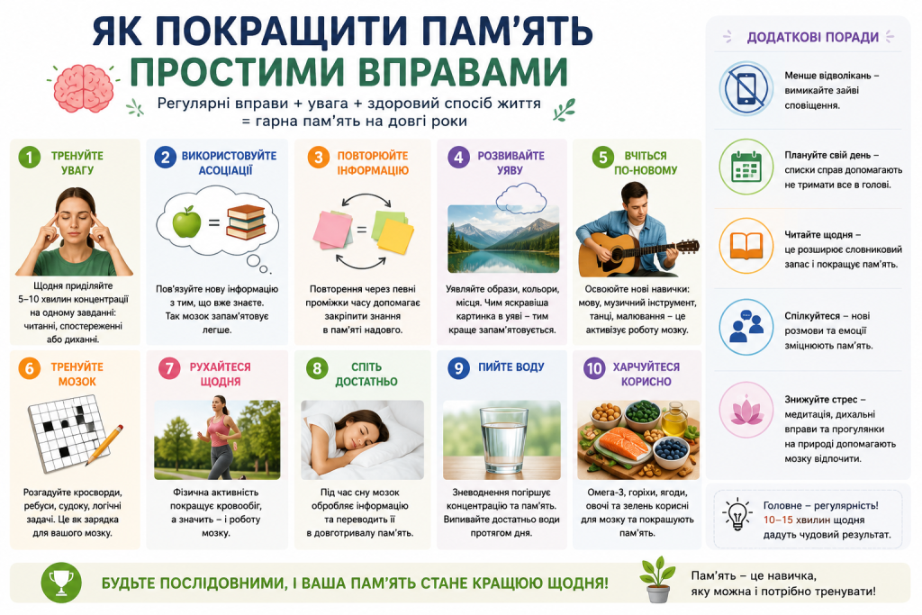Інфографіка з простими вправами та корисними порадами для розвитку пам'яті, концентрації уваги й ефективного запам'ятовування.