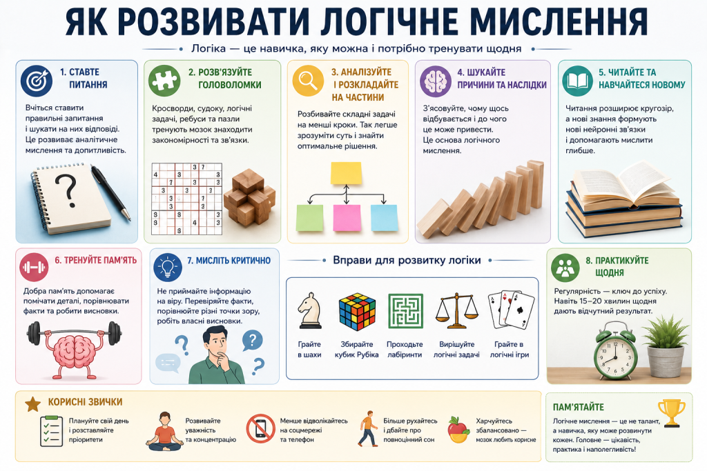 Інфографіка з ефективними способами розвитку логічного мислення, вправами, корисними звичками та практичними рекомендаціями для дітей і дорослих.