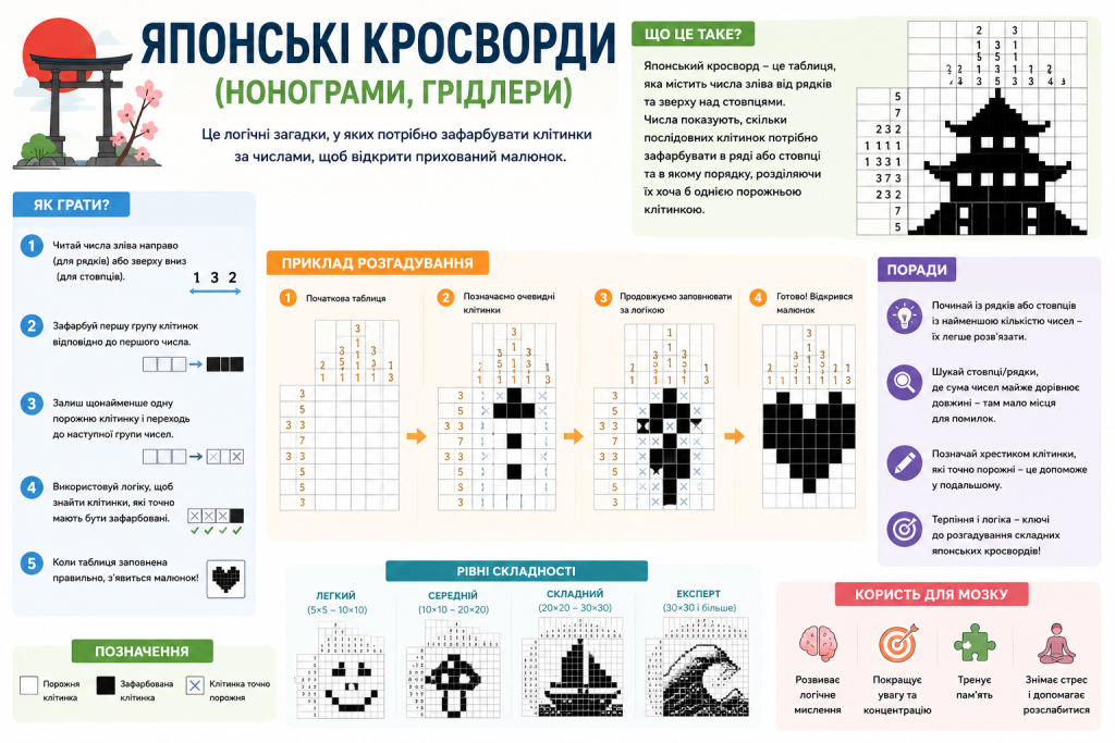 Інфографіка про японські кросворди з правилами, прикладами розв'язання, рівнями складності та корисними порадами для початківців.