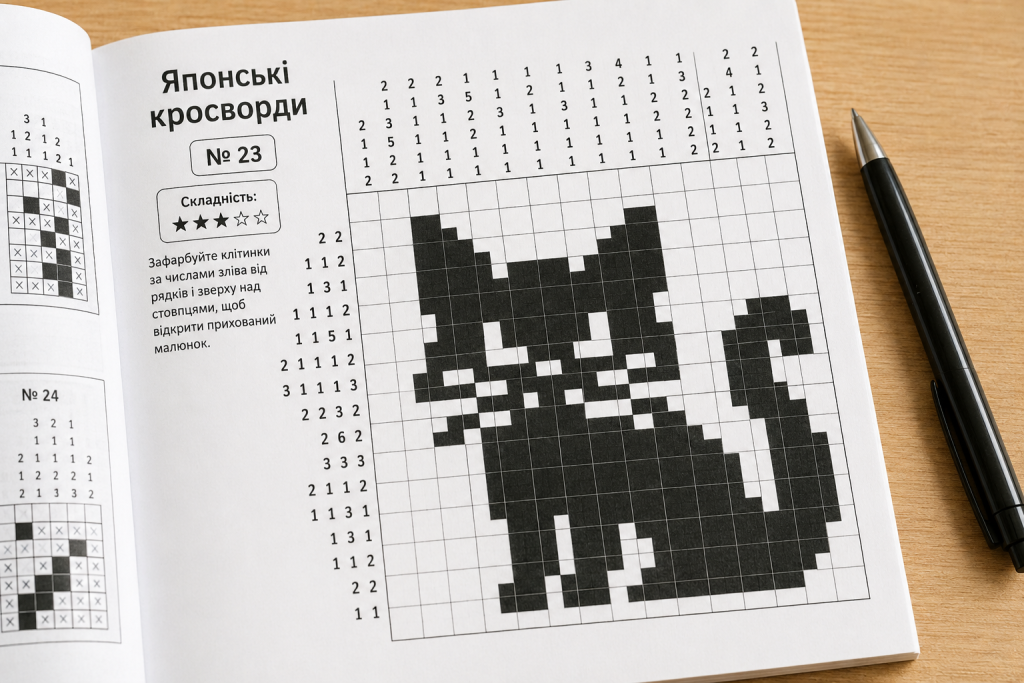 Відкрита книга з японським кросвордом (нонограмою), числовими підказками та частково заповненим малюнком на сторінці.