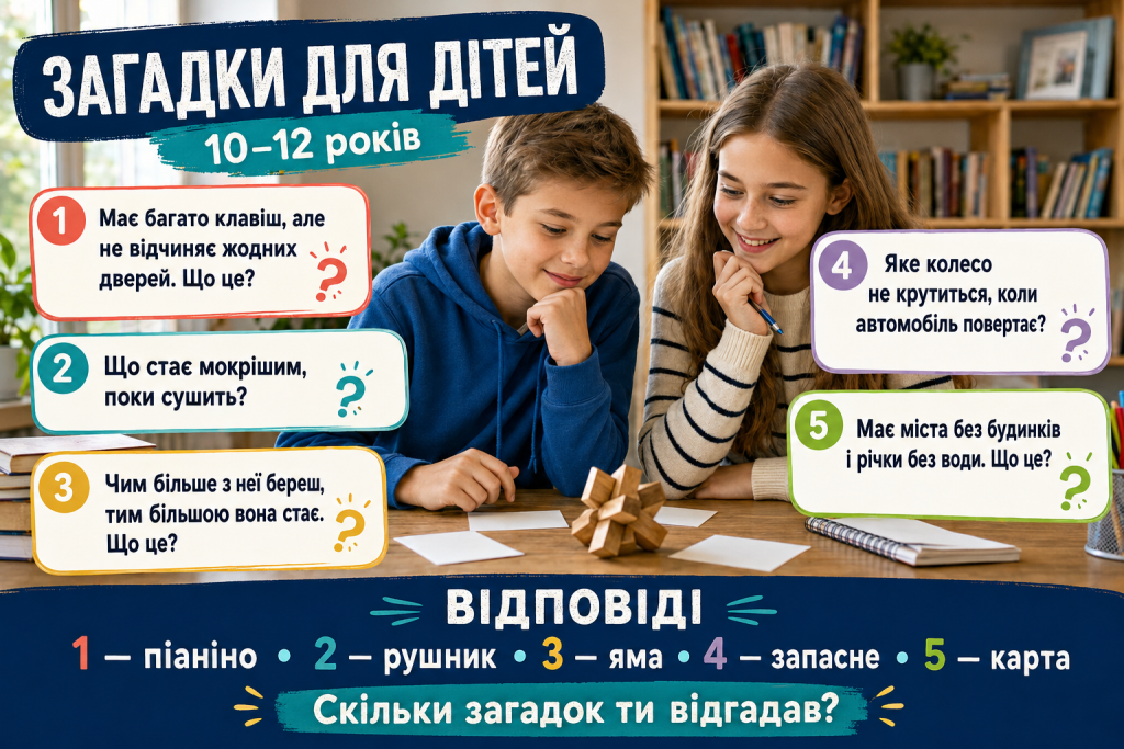 Інфографіка з цікавими загадками та відповідями для дітей віком 10–12 років