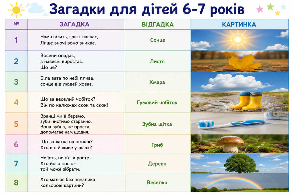 Інфографіка із загадками для дітей 6–7 років, правильними відповідями та кольоровими тематичними ілюстраціями.