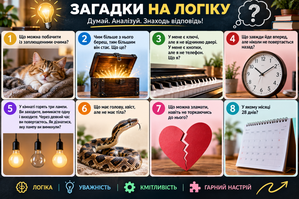 Інфографіка із загадками на логіку для розвитку мислення, уважності та кмітливості з наочними ілюстраціями.