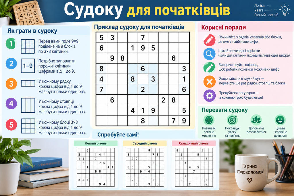 Інфографіка з правилами судоку для початківців, прикладом головоломки та порадами щодо розв’язання.