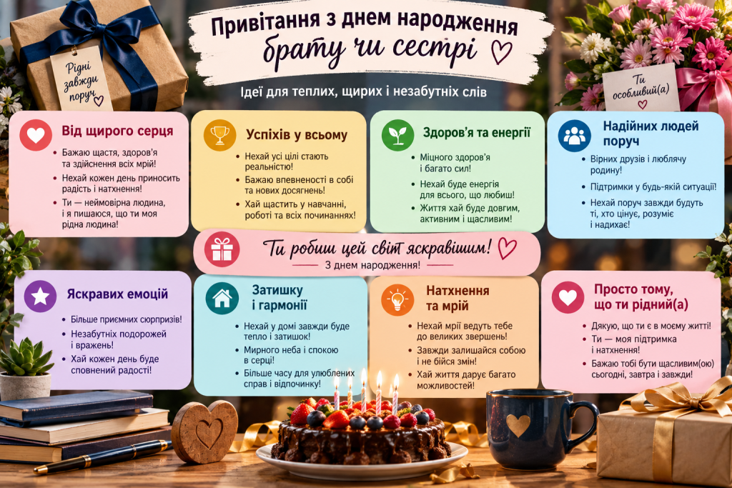 Добірка теплих привітань з днем народження брату або сестрі з побажаннями щастя, здоров’я, успіху та здійснення мрій