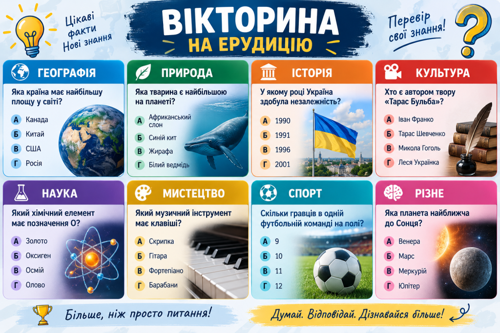 Інфографіка з питаннями вікторини на ерудицію з географії, природи, історії, культури, науки, мистецтва та спорту.