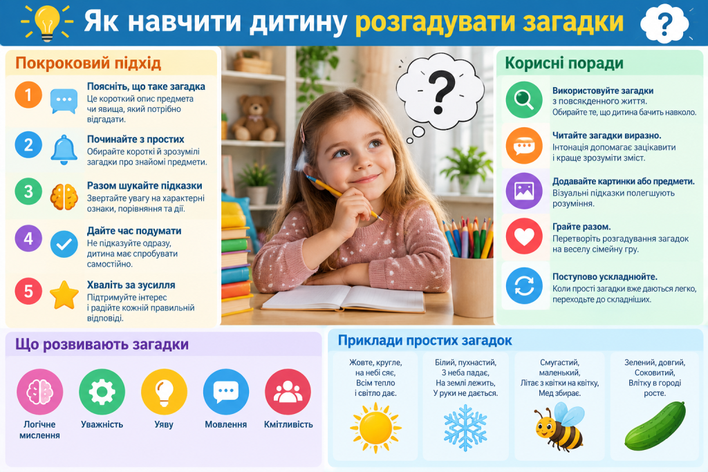 Інфографіка з порадами, як навчити дитину розгадувати загадки та розвивати логіку, увагу й мислення.