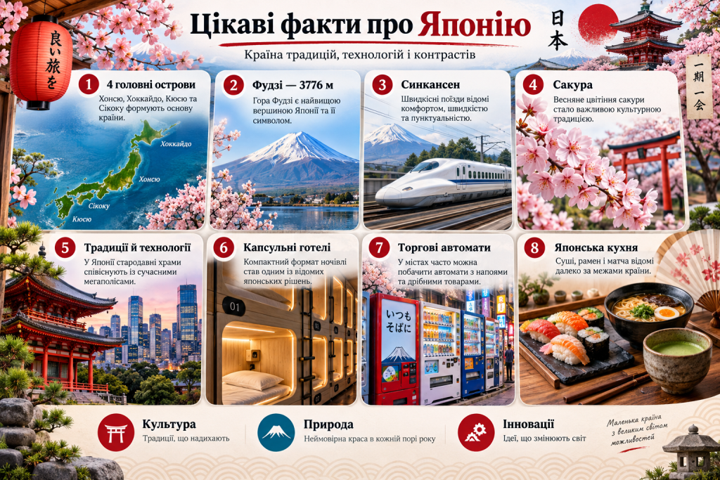 Інфографіка з цікавими фактами про Японію, гору Фудзі, синкансен, сакуру, культуру, кухню та сучасні технології